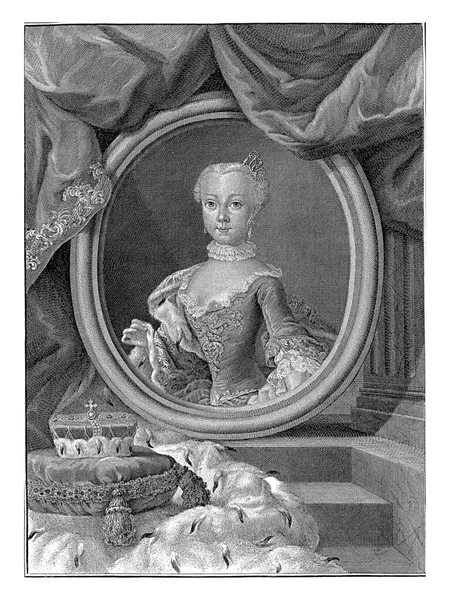 ヨハンナ ガブリエラの楕円形の肖像画 オーストリアの大公妃 左半分の長さ 髪に装飾用のピンが挿入されています 肖像画の左側にはクッションの上に王冠があります — ストック写真