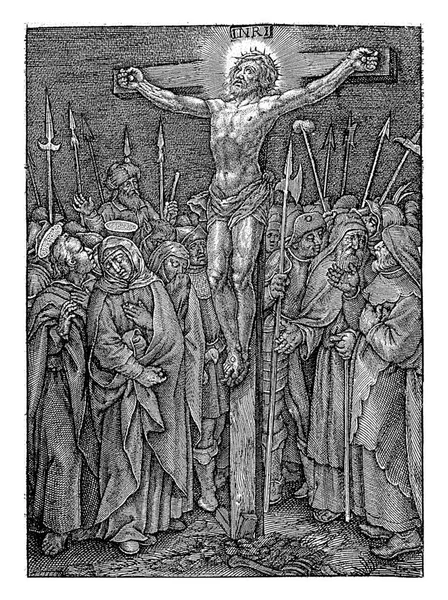 十字架でのキリスト ヒエロニムス ウィリクス 1563年 1619年以前十字架でのキリスト マリア 洗礼者ヨハネなどは十字架の周りで悲しみます — ストック写真