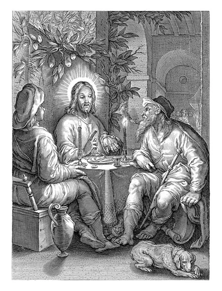Christus Aan Tafel Met Emmaüs Terwijl Hij Het Brood Zegent — Stockfoto