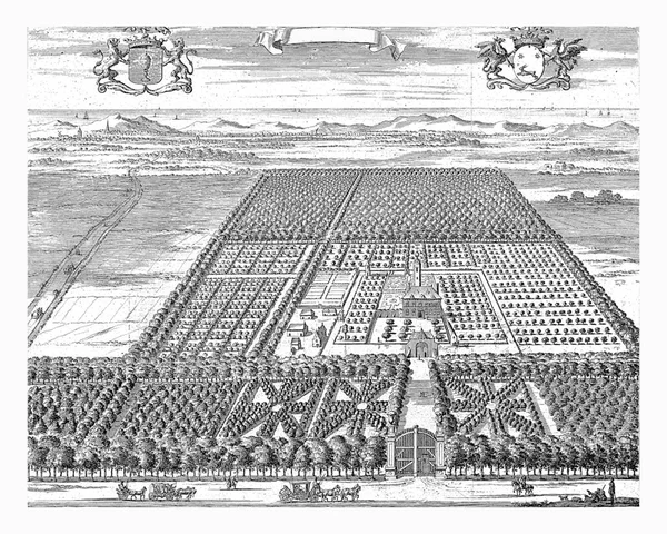 里宁斯堡国家庄园视图 卢耶肯 Jan Luyken 1696年 位于奥斯特卡佩勒附近的里宁斯堡国家庄园鸟瞰 市中心的右手边是被花园和果园环绕的乡村住宅 — 图库照片