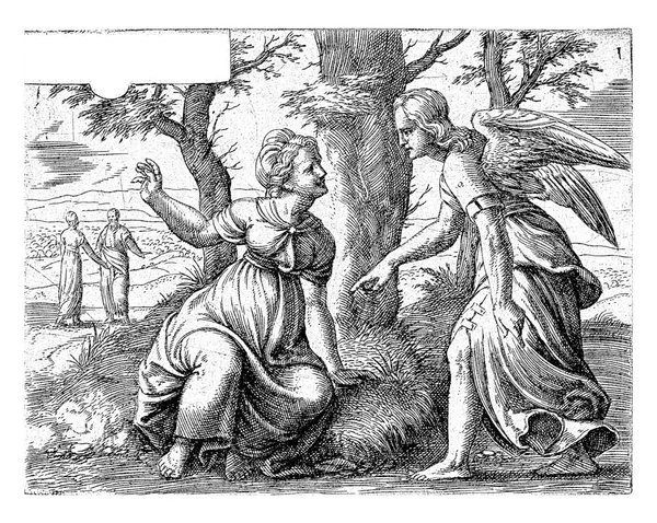 萨姆森出生的预言 1549年 科内里斯 马西雅的妻子坐在一棵树下 从大天使加布里埃尔那里得到了她将有一个儿子的消息 — 图库照片