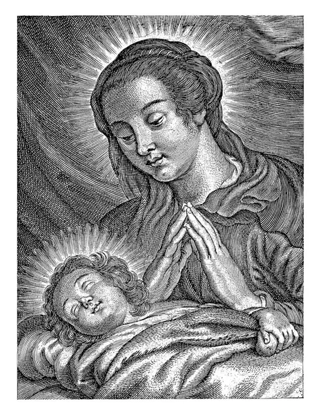 마리아는 잠자는 그리스도의 아이를 사랑한다 아래에는 과같은 기도의 — 스톡 사진