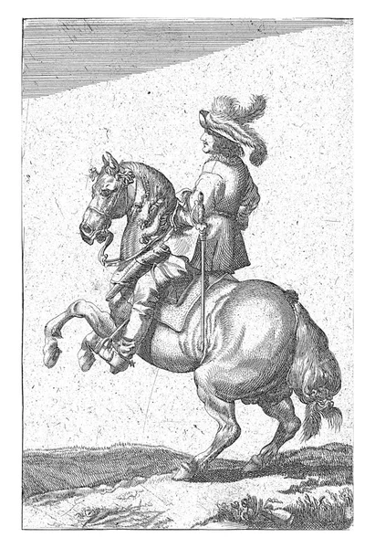 Καβαλάρης Άλογο Εκτροφής Προφίλ Αναβάτης Φοράει Ένα Φτερωτό Καπέλο Και — Φωτογραφία Αρχείου