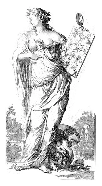 시간의 화신으로 등장하는 여자는 황도대의 별자리를 가리키며 왼손에 — 스톡 사진