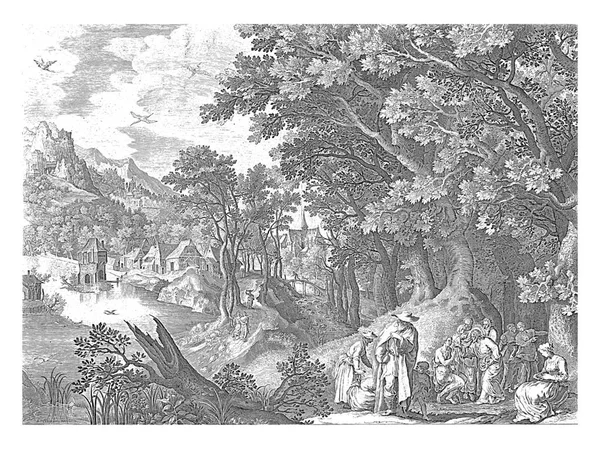 視覚障害者を癒すキリストとの風景 ファン ロンダーセル ニコラス ブラインの後 ファン Coninxloo後 1652 1702キリストは 道路に座って視覚障害者の目をストロークします — ストック写真
