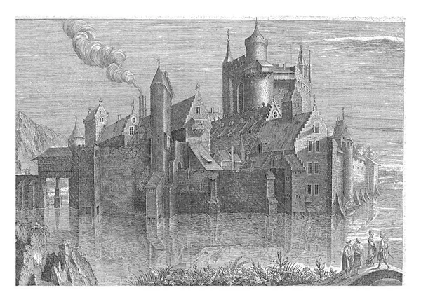 亨德里克 洪迪厄斯 1614年 一座被水包围的城堡 烟从左边的烟囱冒出来 左前方一座桥上的四个人影 — 图库照片