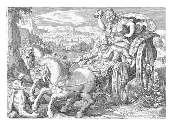 ベロニカは息子を殺した犯人を岩にぶつけることで復讐する ベロニカは暗殺者の一人カイネウスが運転する馬車に乗っている — ストック写真