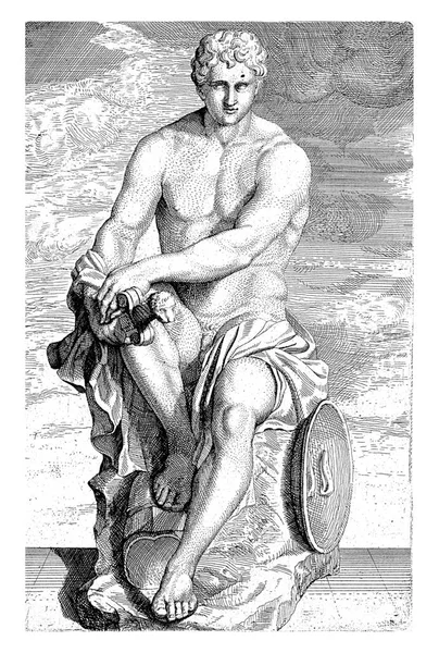 座无虚席的战士的雕像 亨德里克波拉 约1705年 约1713年一个几乎赤身裸体的战士在石碑上的雕像 他双手拿着剑 一只脚靠在头盔上 — 图库照片