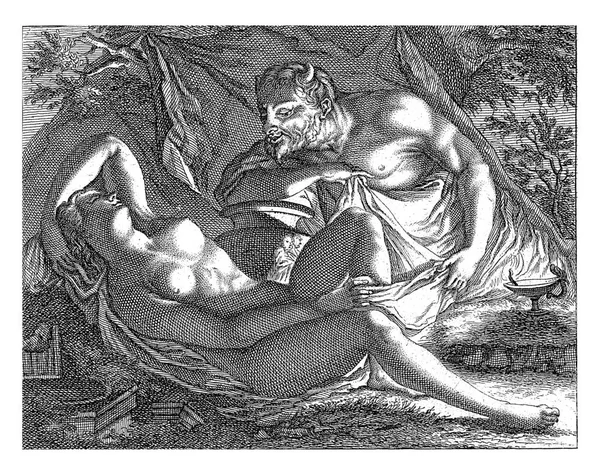 stock image A naked nymph, sleeping by an oil lamp under a canopy, is spied on by a satyr who pushes her robes aside.