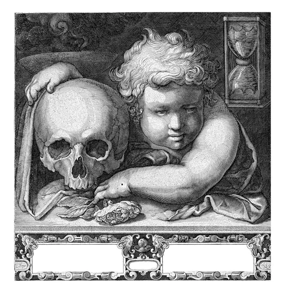 Vanitas Allegorie Mit Einem Kind Das Einen Totenkopf Gelehnt Ist — Stockfoto