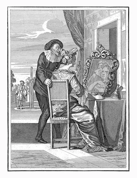 View Caspar Luyken 1698 1702前景には 座っている女性と眼鏡をかけた老人が鏡を見ています 背景には 豪華な服装の紳士が噴水の水を見ています — ストック写真