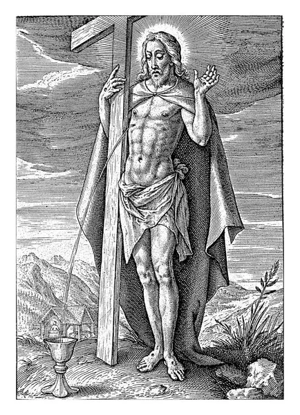 基督的血在圣杯中流淌 Hieronymus Wierix 1563年 1619年以前 基督站在十字架旁边 血从他侧面的伤口流到一个圣杯里 — 图库照片