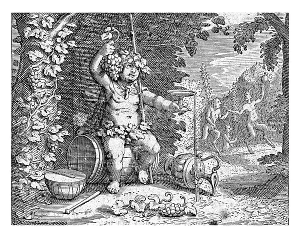 Bachus Jako Bóg Wina Otoczony Gromadami Winogron Miską Picia Ręku — Zdjęcie stockowe