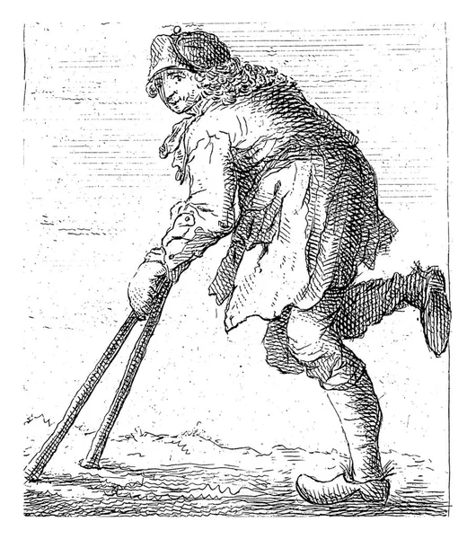 一个拿着拐杖的塞子的乞丐 荷兰语的四行诗句在印刷体下面 — 图库照片