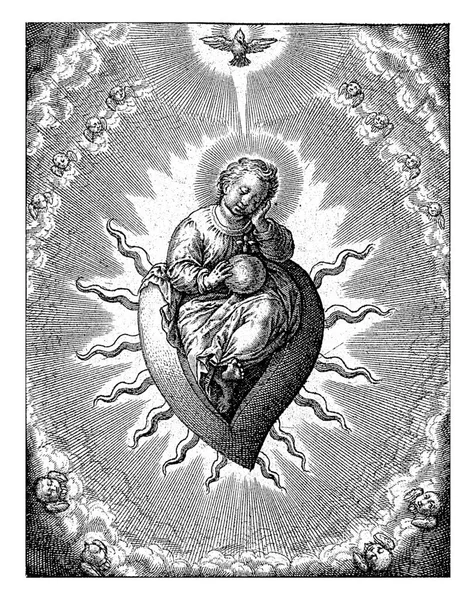 心脏的美德 Hieronymus Wierix 1563年 1619年以前 熟睡的基督的孩子坐在燃烧的心脏上 被樱桃围绕着 以鸽子的形式出现在圣灵的最高处 — 图库照片