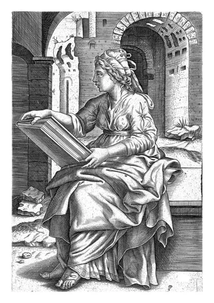 奎梅的侧翼坐在左边 手里拿着一本书 背景上是个废墟 这张照片是关于Sibyls乐队的十部系列的一部分 — 图库照片