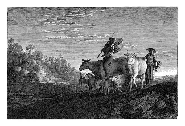 黄昏时分 牧人和牧人与牛群在一起 Jan Van Velde 作者Willem Pietersz1622年的Buytewech 一个牧羊人和一个牧羊人 在暮色中和羊群在一起 — 图库照片