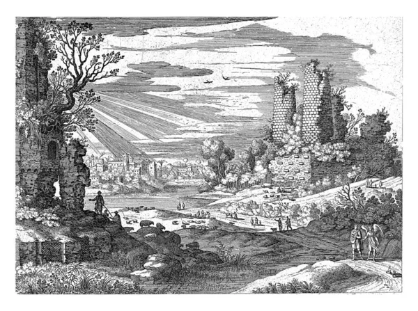 在意大利一片繁茂的废墟中 托比亚斯和天使正在赶来 前面是Tobias的狗各种各样的人物和牧羊人和他们的羊一起在风景中散步 — 图库照片