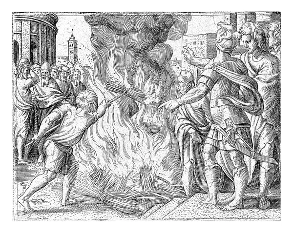 ペリシテ人はサムソンの妻で義父でもあるコルネリス マジスを焼きました 1549年サムソンがペリシテ人のトウモロコシ畑に火をつけたのは 彼の義父が別の妻に与えたからです — ストック写真