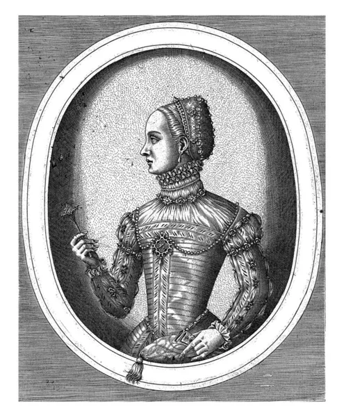 西班牙女王瓦卢瓦的伊丽莎白的画像 椭圆形框架 边缘用拉丁文写上字母 她拿着一朵花和一副手套 — 图库照片