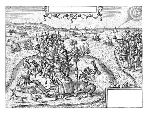 1606年的漫画描绘了荷兰的叛逆状态 坐在岛上的荷兰维珍正在纺纱 纺纱是为了欺骗和偷窃 — 图库照片