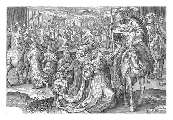 萨宾妇女跪在罗马士兵和萨宾士兵的马背上 请求他们停止战斗 — 图库照片