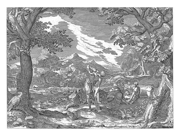 アダムとイブは楽園の外で働いています セネレッドの後 アブラハム ブルーメアートの後 1652 1702アダムと一緒に風景シャベルで地面を作業 — ストック写真