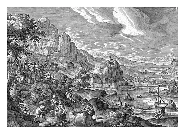 ヘンドリック ファン シェルはハンス 英語版 の死後 1595年から1622年にかけて川が交差する山岳風景を眺めた 手前のブドウ畑ではブドウが収穫される — ストック写真
