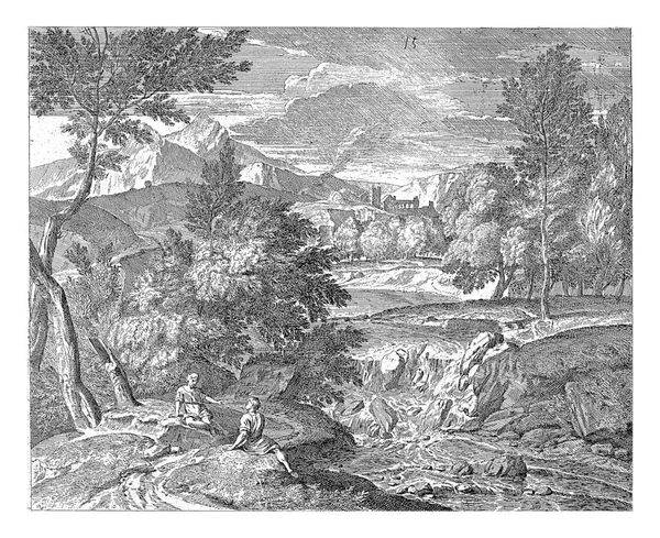 ジャン フランソワ ミレー 1678年 1732年の後 リチャード ファン オーリー の滝に2人の人物が描かれたアルカディア風景 — ストック写真