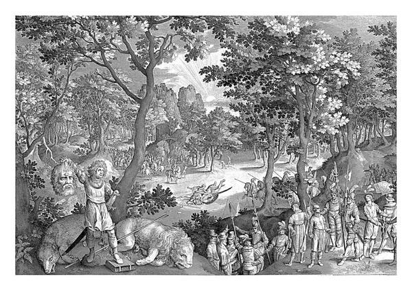 大卫和歌利亚 尼古拉斯 德布鲁因 1609年在非利士人和以色列人战斗的中间 大卫就要砍下歌利亚的头了大卫和歌利亚的首领站在前头 — 图库照片