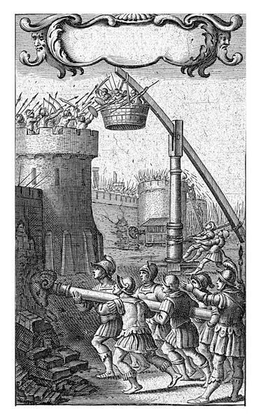 兵士たちは城壁の兵士たちが攻撃に対して身を守るために 戦闘ラムで要塞を攻撃する コーネリス ファン ダレン 1645 — ストック写真