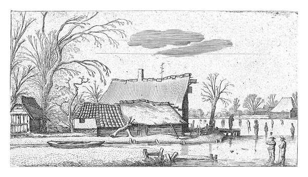 Fagyasztott Folyó Melletti Gazdaság Korcsolyázókkal Esaias Van Velde 1616 — Stock Fotó