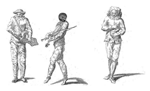 ハーレクインと2人のジェスターは ゲラルドゥス ヨセフス ザヴェリ 1728年 ヴィンテージが刻まれた後 匿名で音楽を作る — ストック写真