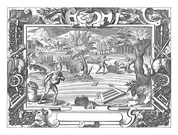 뿌리고 장면은 연장으로 장식하고 자루에 포도나무를 위에는 리브라 성좌를 — 스톡 사진