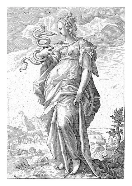 普律当丝的形象化了 她手里拿着两条蛇 后脑勺上戴着第二张脸的女性形象 — 图库照片