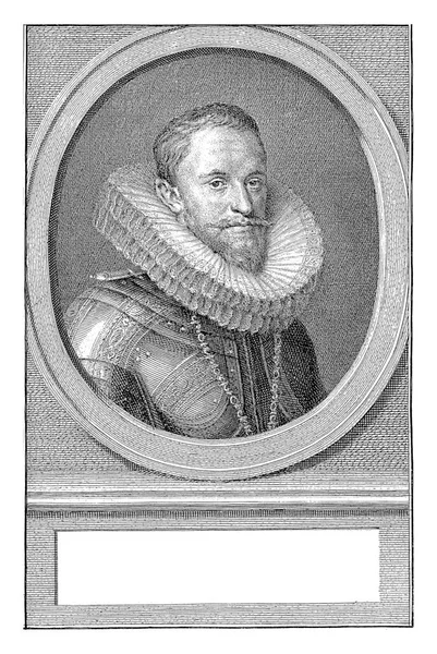 在Ambrogio Spinola的右边 是身穿盔甲 身披椭圆形衣服的巴洛克斯侯爵 肖像画在一个立面上 他的名字和头衔用荷兰语写着三行 — 图库照片