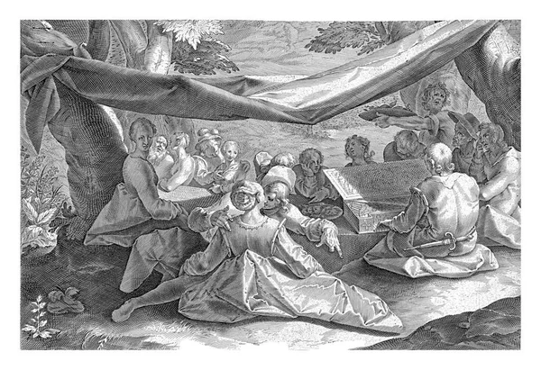 本物の後ろに男と音楽会社 コーネリス Gerrit Pieterszの後 スウィーリンク天正14年 1586年 慶長17年 1612年 野外の木の間に帆を張って若者の集団が座る — ストック写真