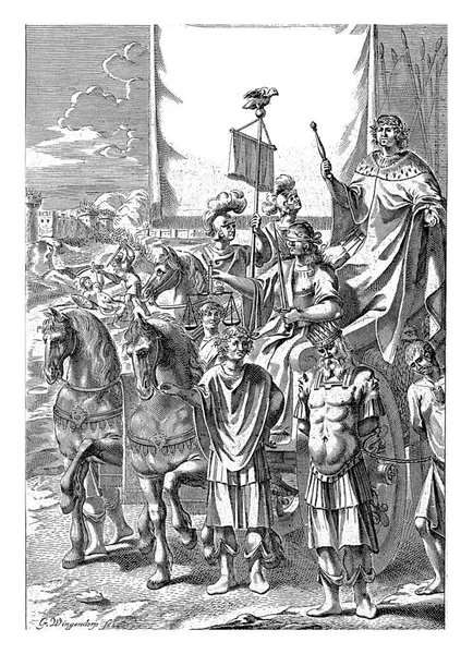 罗马统治者站在一辆由马匹牵引的战车上 头上披着一顶饰有地雷的斗篷 他拿着权杖和月桂花环 — 图库照片