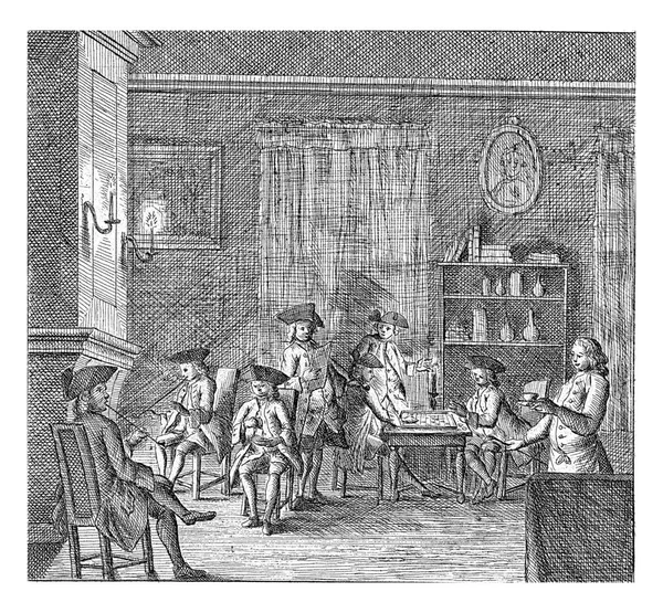 两个男人在壁炉边抽烟 两个男人在玩棋盘游戏 包含冬季场景的十三个系列的印刷品 — 图库照片