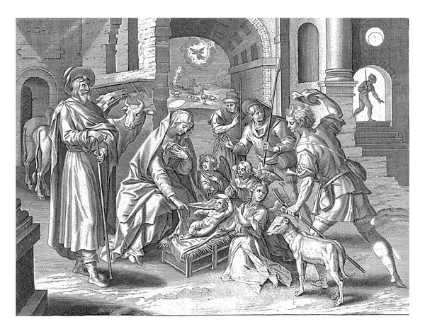 När Gabriel Förkunnar Kristi Födelse För Herdarna Besöker Stallet Och — Stockfoto