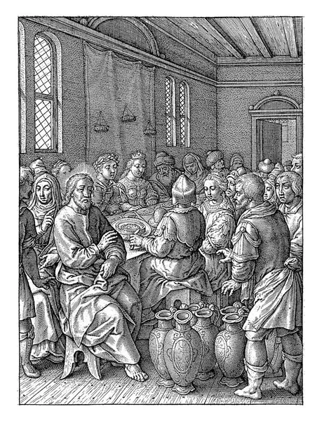 Свадьба Кане Иероним Wierix 1563 1619 Свадебная Пара Гости Сидят — стоковое фото