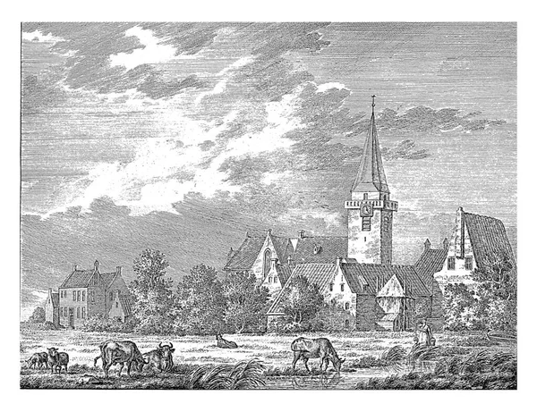 ハーメレンの村だ 前景の牧草地で牛 背景にある教会の塔 印刷はオランダの村とのシリーズの一部です — ストック写真