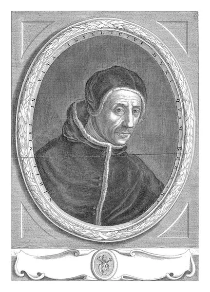 教皇阿德里安六世的椭圆形肖像 框架与棕榈叶和拉丁文文本 肖像画下面是教皇的纹章和拉丁文字幕 — 图库照片