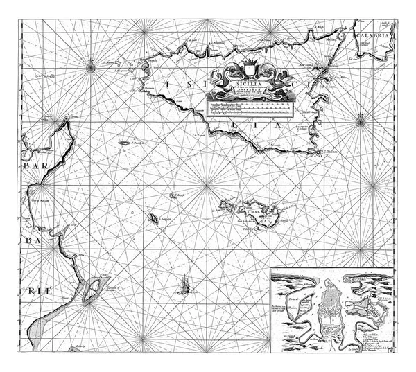 Carte Des Îles Sicile Malte Une Partie Côte Tunisienne Montrant — Photo