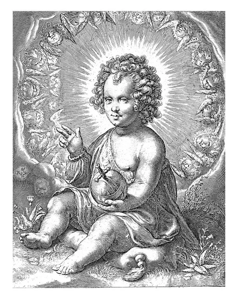 救世主ムンディとしてキリストの子 クッションの上に座ってケルビムの花輪に囲まれて — ストック写真