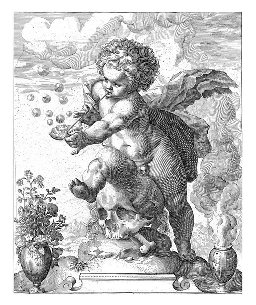 Putto Sits Skull Blows Bubbles Left Vase Flowers Right Smoking — Stock Photo, Image