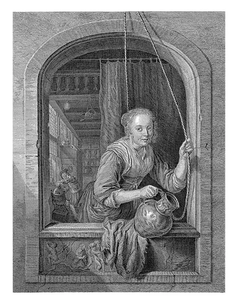 ピーター コーネリスの後に窓に投手のロバート ムイズを持つ女性 ヴァン スリングラント 1752年 1771年女性が窓に立っていて 片手に水差しとロープを持っている — ストック写真