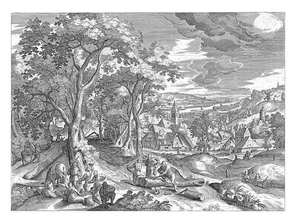 Пейзаж Деревней Заднем Плане Переднем Плане Мария Иосиф Младенцем Христом — стоковое фото