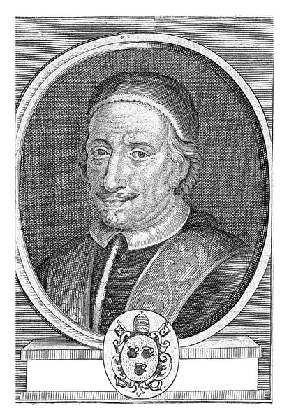 教皇英诺森十二世在椭圆形框架内的肖像 Antonio Pignatelli 冲向左边 在肖像画的下面是教皇的纹章 这个印刷品有一个拉丁文的标题 上面写着临时保姆的名字 — 图库照片
