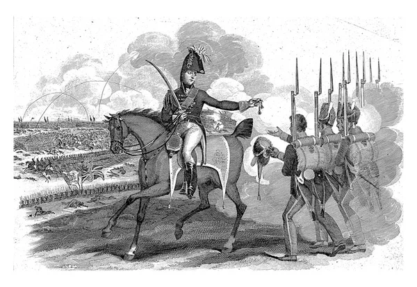 オレンジ公ウィリアム フレデリク ジョージは1815年6月16日のキャトル ブラスの戦いで部下に装飾品を渡した — ストック写真